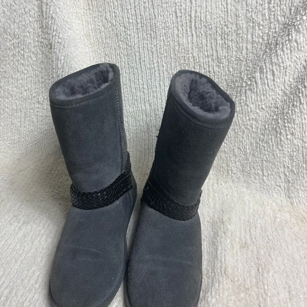 BearPaw  Kamira suede gray mid calf boots sheepskin/ wool blend lining SZ11